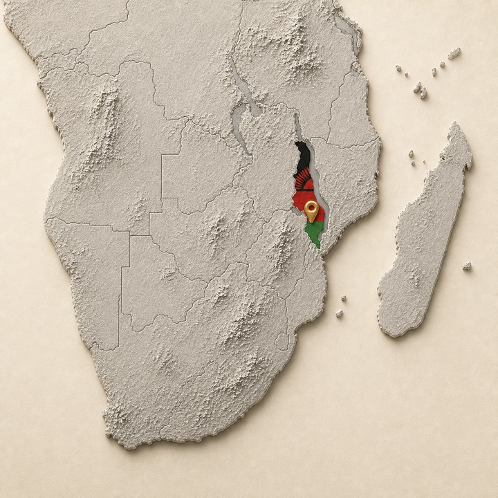 World map with Malawi location marker
