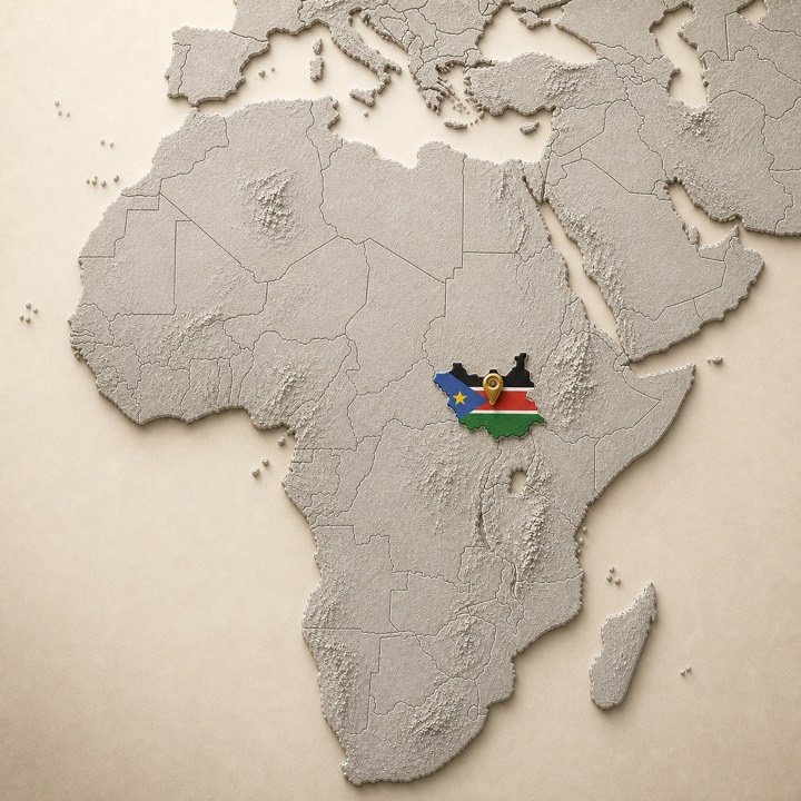 World map with South Sudan location marker